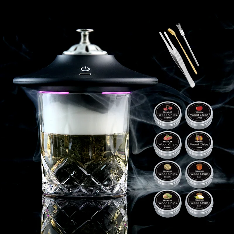 Whiskey Stone Set - Wiederaufladbares Elektrisches Cocktail-Smoker-Set Whiskey-Smoker-Set 8 Holzchips