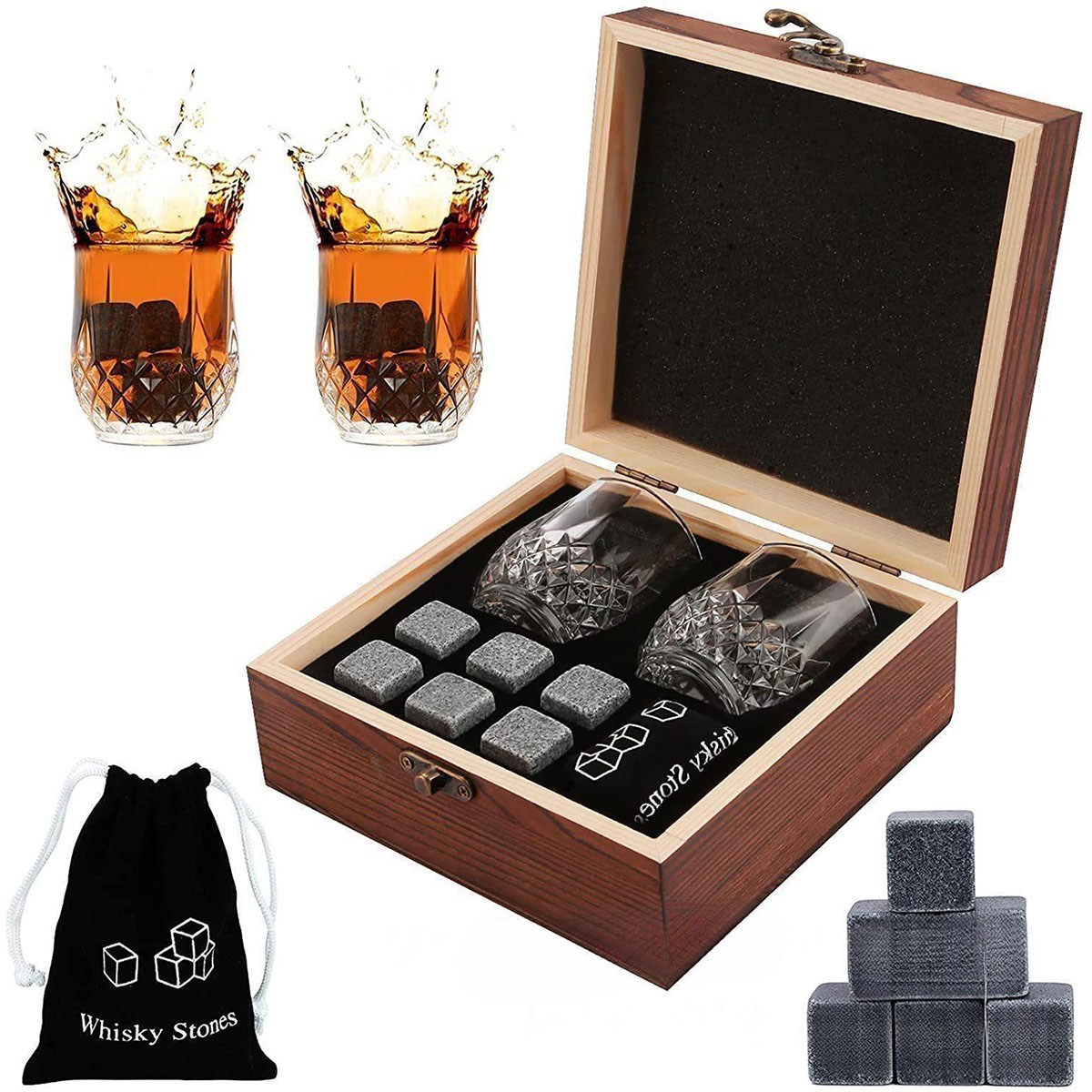 Whiskey Stone Set - Weihnachts-Valentinstag-Geschenk, Whiskey-Steine, Gläser-Set, Granit-Eiswürfel für Whisky