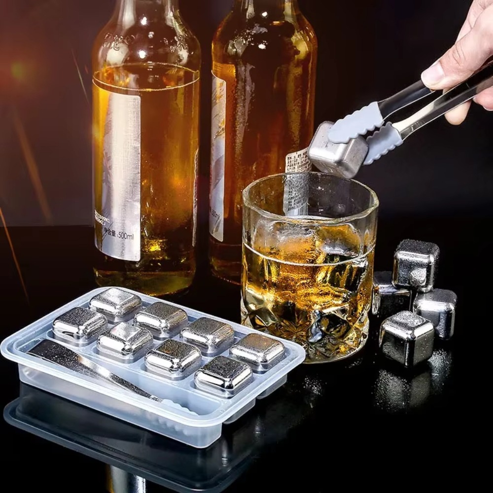 Whiskey Stone Set - 4/6/8 Stück Edelstahl-Eiswürfel-Set Wiederverwendbare Kühlsteine für